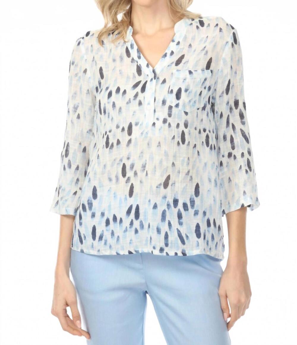 NEW CHARLIE B printed roll-up sleeve blouse in blue